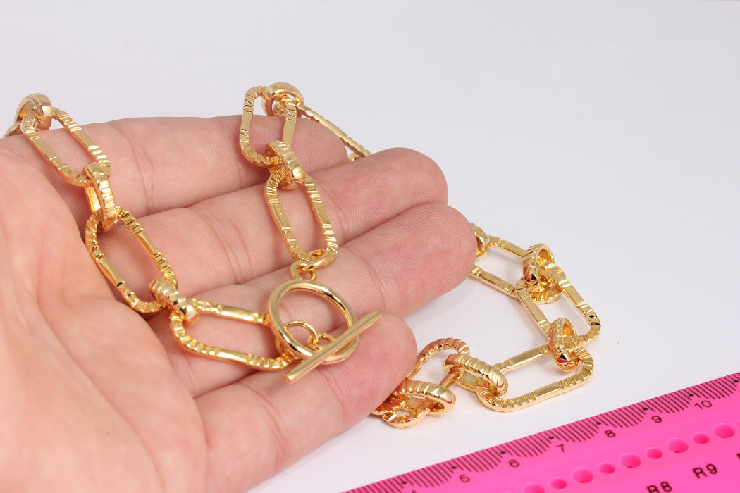 18'' 24k Shiny Gold Link Chain Necklace, Toggle Necklace, Oval Chain, Adjustable Gold Necklace, Dainty Necklace, BXB427-1
