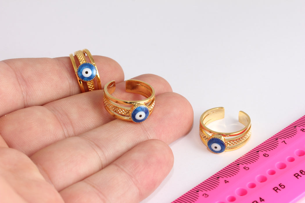 16-17mm 24k Shiny Gold Rings, Evil Eye Drop Enamel Rings, Dainty Rings, Navy Blue Evil Eye Rings, Triple Ring, Gold Plated Ring, CR30-1