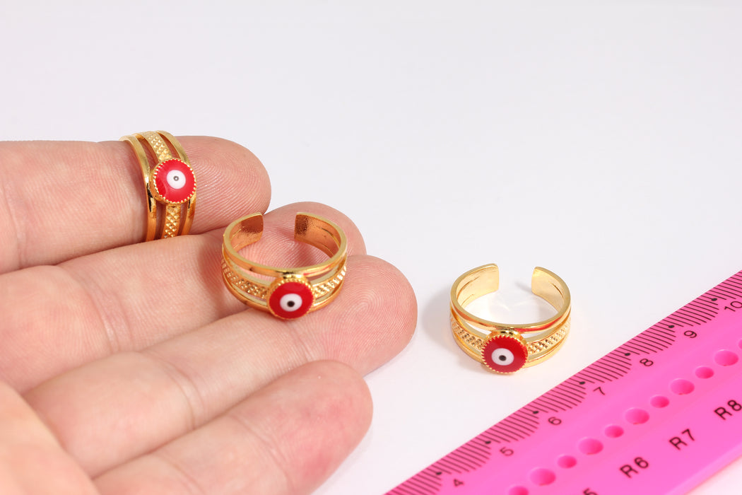 16-17mm 24k Shiny Gold Rings, Evil Eye Drop Enamel Rings, Dainty Rings, Red Evil Eye Rings, Triple Ring, Gold Plated Ring, CR30-2