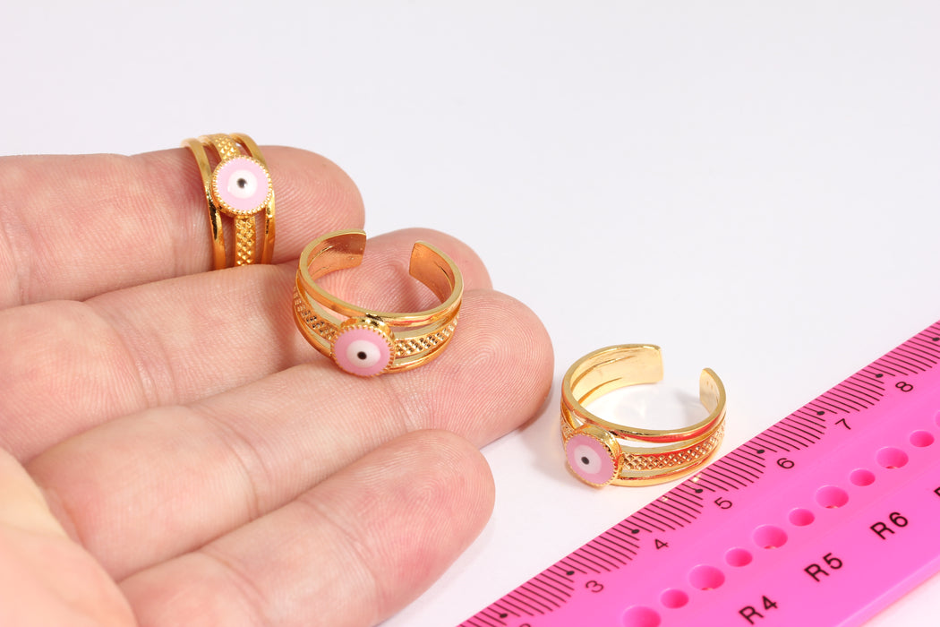 16-17mm 24k Shiny Gold Rings, Evil Eye Drop Enamel Rings, Dainty Rings, Pink Evil Eye Rings, Triple Ring, Gold Plated Ring, CR30-3