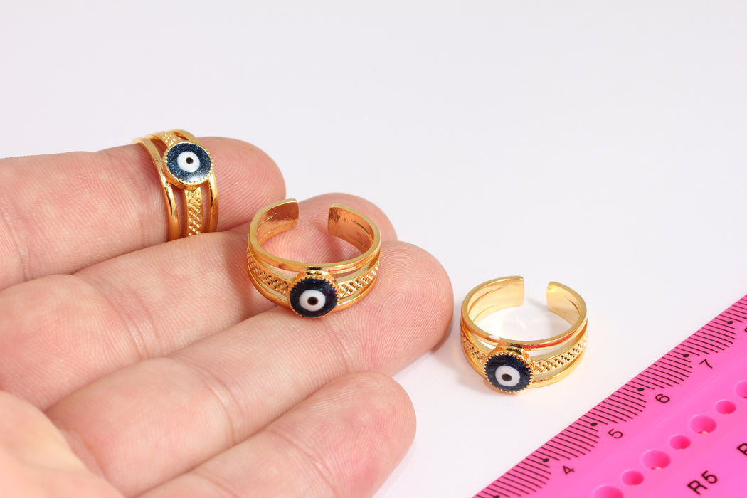 16-17mm 24k Shiny Gold Rings, Evil Eye Drop Enamel Rings, Dainty Rings, Blue Night Evil Eye Rings, Triple Ring, Gold Plated Ring, CR34-1