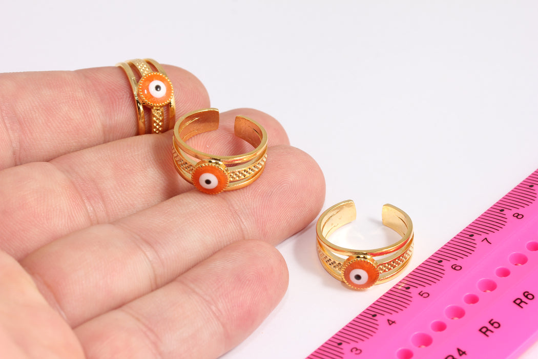 16-17mm 24k Shiny Gold Rings, Evil Eye Drop Enamel Rings, Dainty Rings, Orange Evil Eye Rings, Triple Ring, Gold Plated Ring, CR34-2