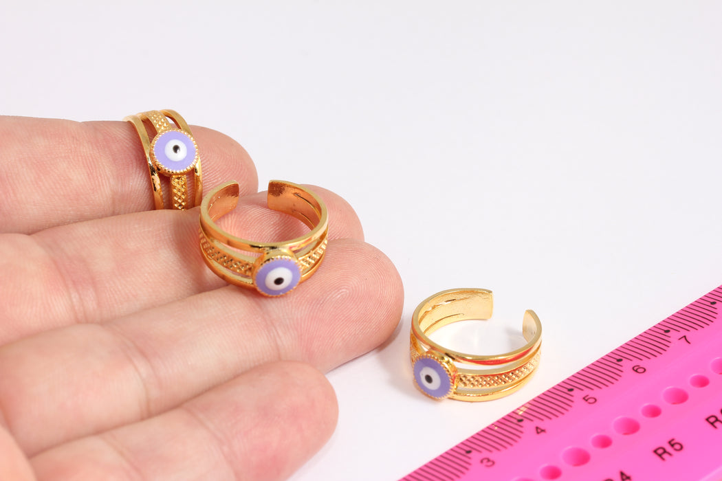 16-17mm 24k Shiny Gold Rings, Evil Eye Drop Enamel Rings, Dainty Rings, Purple Evil Eye Rings, Triple Ring, Gold Plated Ring, CR27-3