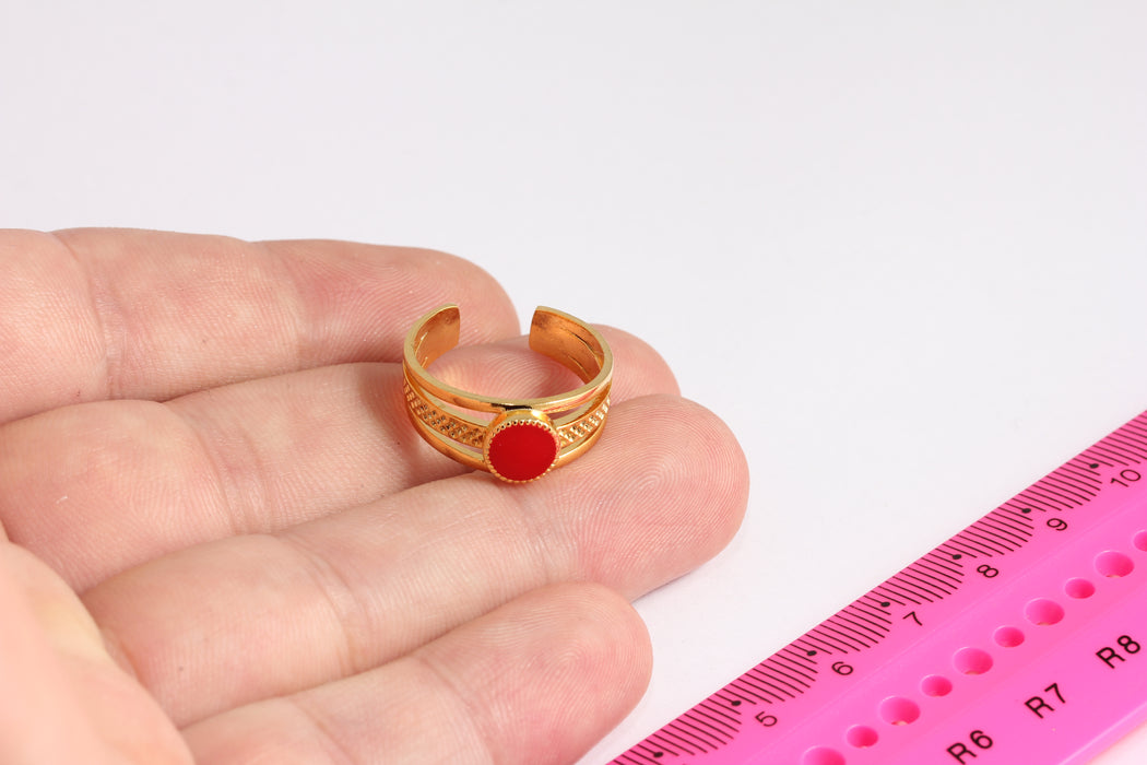 16-17mm 24k Shiny Gold Rings, Drop Enamel Rings, Adjustable Rings, Dainty Rings, Red Enamel Rings, Triple Ring, Gold Ring, MTE1504-2