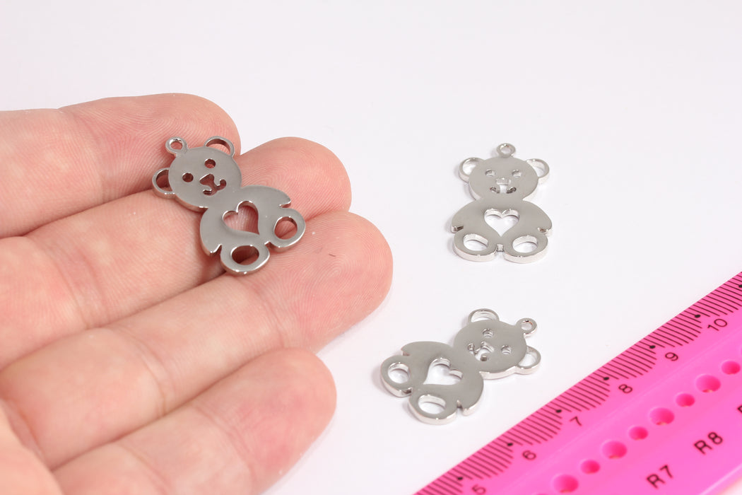 16x26mm Rodyum Kaplama Ayı, Hayvan Takıları, Ayı Madalyonu, Kalp Ayı, Gümüş Ayı Kolye Ucu, Hayvan Kolyesi, Rodyum Bulguları, CR72-1
