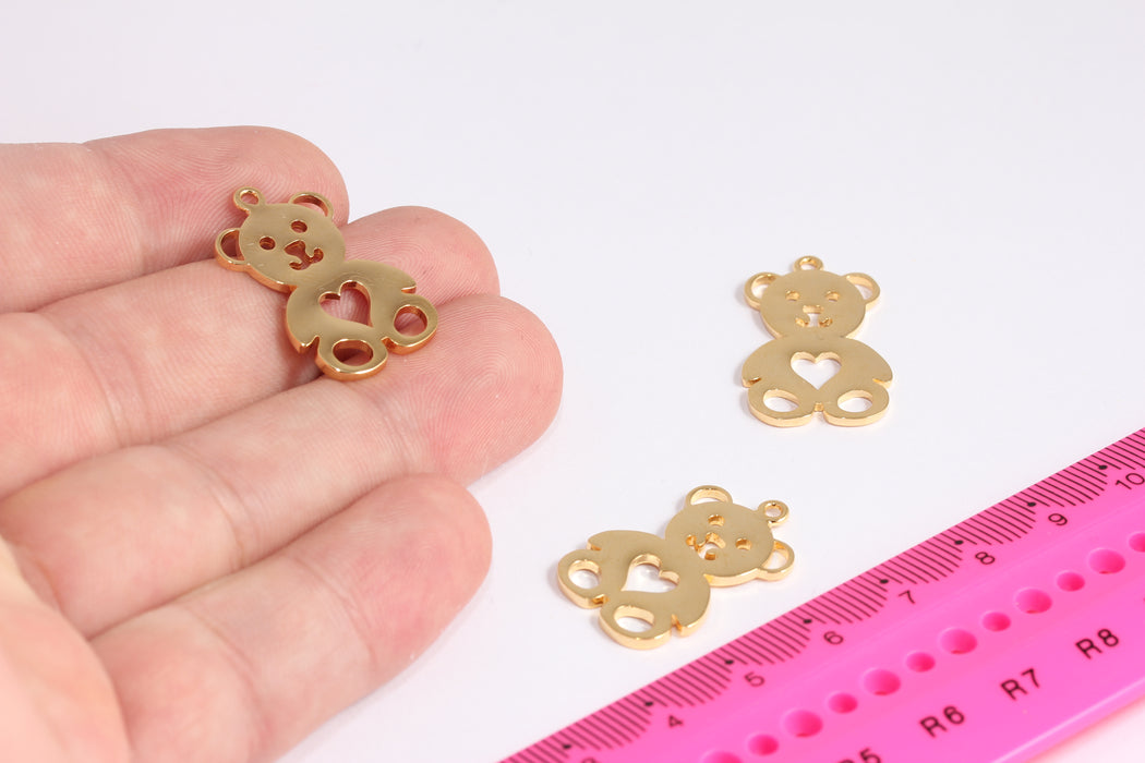 16x26mm 24k Shiny Gold Bear, Animal Charms, Bear Medallion, Heart Bear, Gold Bear Pendant, Animal Necklace, Gold Plated Findings, CR72-2