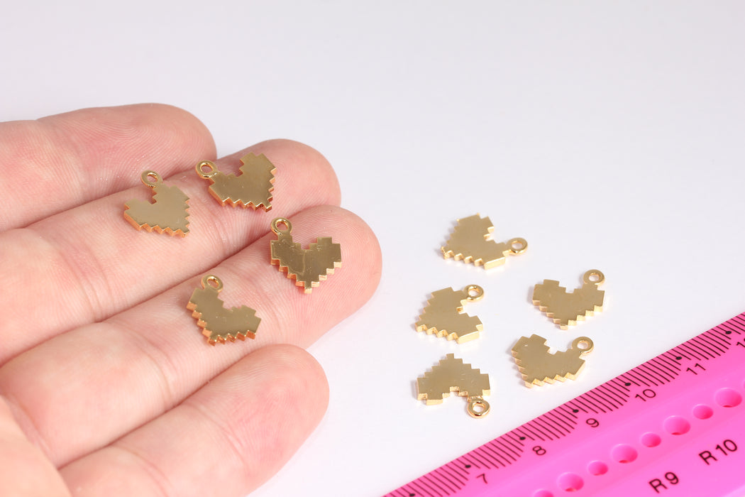 11mm 24k Shiny Gold Pixel Heart, Heart Pendant, Gold Heart Necklace Charms, Heart Charm, Heart, Gold Plated Findings, ETS85-2