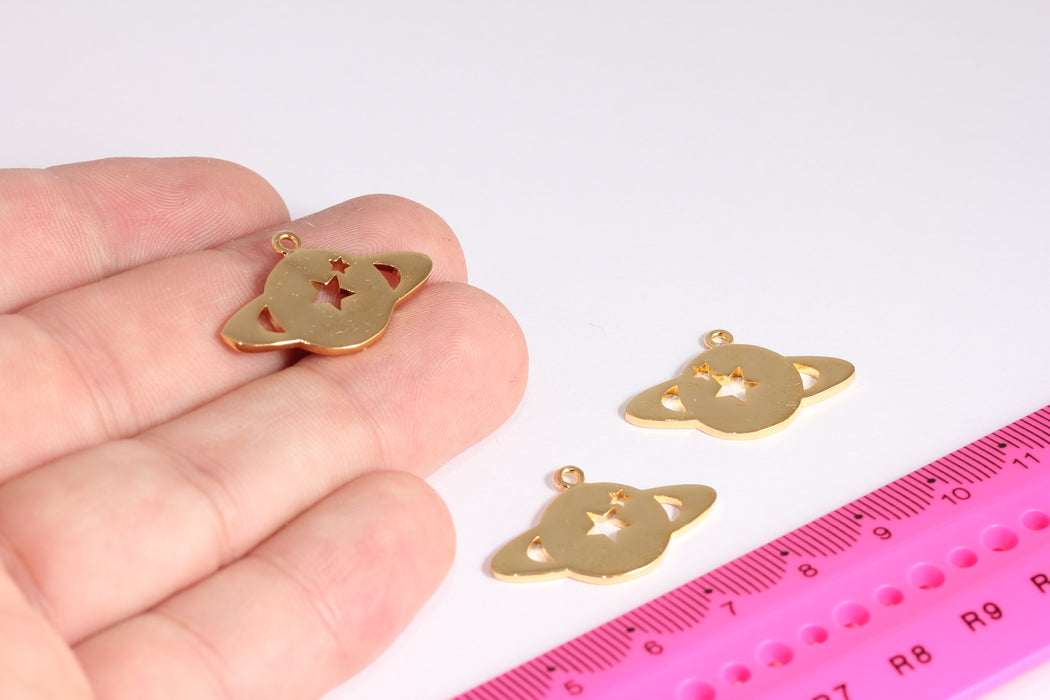 18x27mm 24k Shiny Gold Saturn, Planet Pendant, Space Necklace, Planet Star, Saturn Necklace, Star Pendant, Gold Plated Findings, ETS37-2