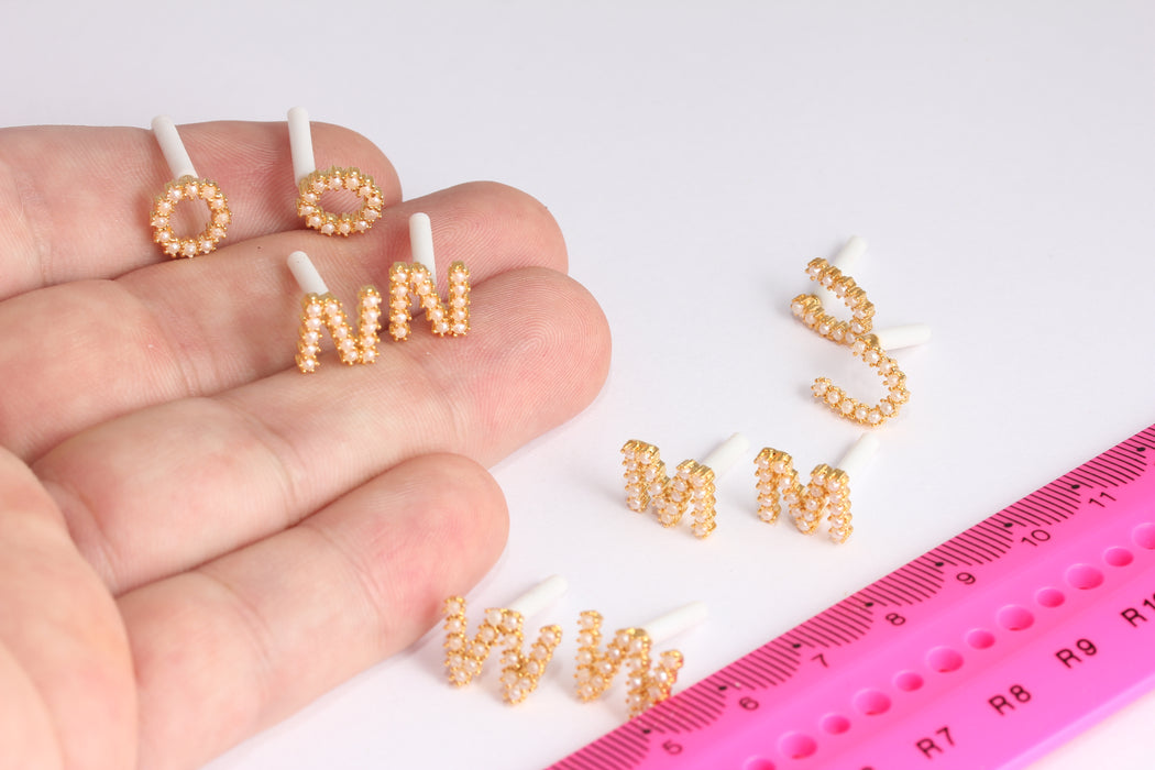 9x12mm 24k Shiny Gold Pearl Letter Earrings, Micro Pave Letter Earrings, White Pearl, Dainty Stud Earrings, Gold Plated Earrings, ETS39