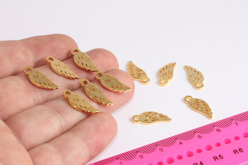 8x19mm 24k Shiny Gold Angel Wings, Angel Charms, Pendant Charms, Wing Charms, Feather Pendant, Bracelet Charms, Beads, CR121-1