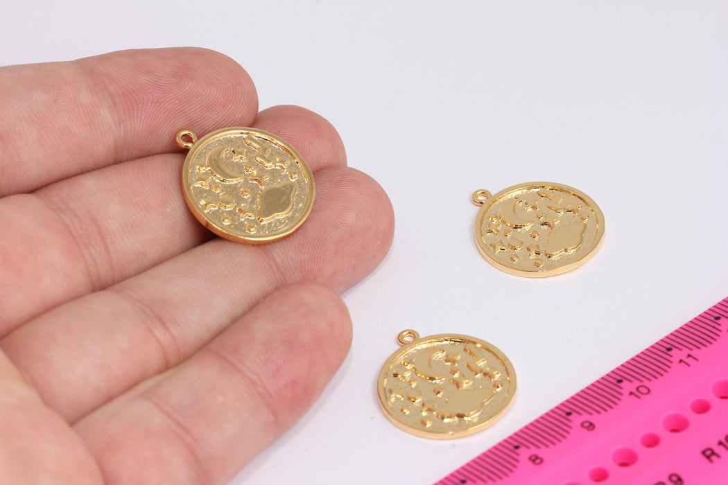 21x24mm 24k Shiny Gold Saturn, Planet Medallion, Space Necklace, Sky Moon and Star, Saturn Necklace, Star Pendant, Gold Findings, CR115-1