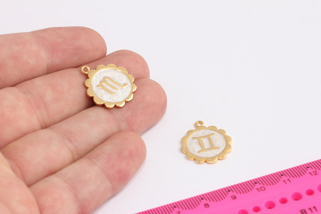 19x22mm 24k Shiny Gold Zodiac Signs, Zodiac Sign, Flower Pendant, Enamel Horoscope Charms, Enamel Zodiac Signs, Medallion, BXB429-3