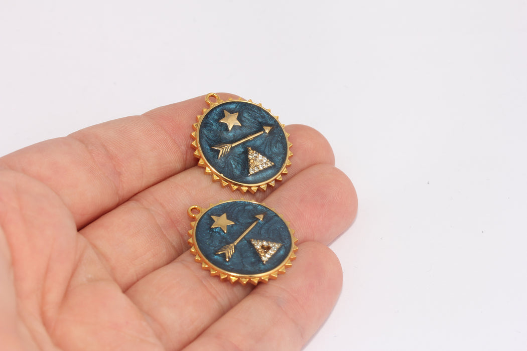 24x26mm 24 ayar Parlak Altın Yıldız Madalyon, Mavi Emaye, Altın FRB80