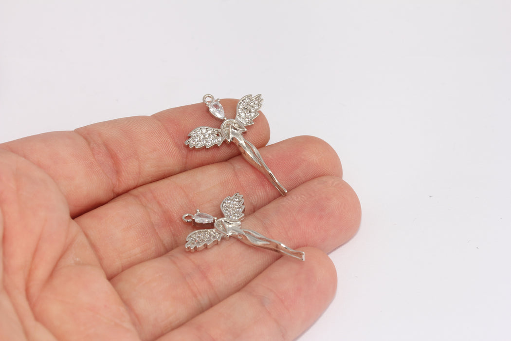 23x32mm Rodyum Kaplamalı CZ Melek Kolye Ucu, Taşlı Melek, Taşlı Kanatlar FRB88