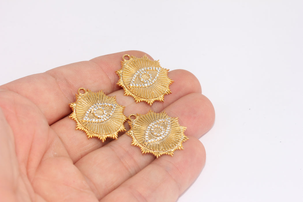 25 mm 24 ayar Parlak Altın Göz Zirkonyum Kolye, Güneş Kolye, FRB108