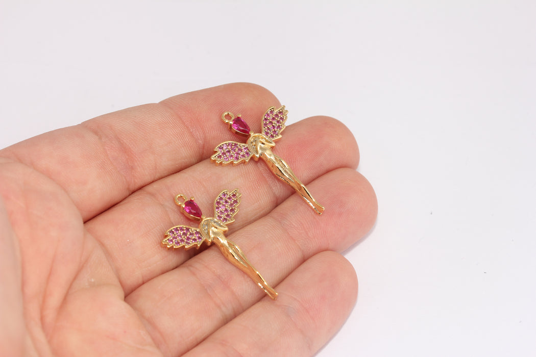 23x32mm 24 ayar parlak altın kaplamalı cz melek kolye uçları, melek figürleri, kanat figürleri, FRB71
