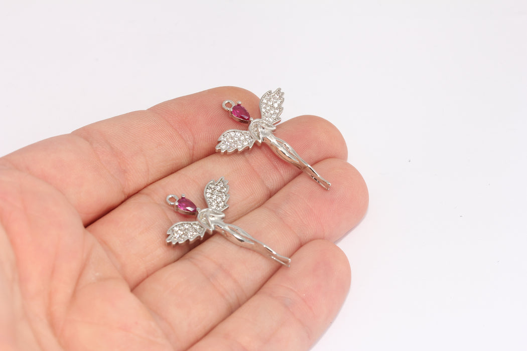 23x32 mm Rodyum Kaplamalı CZ Melek Kolye Ucu, Taşlı Melek, Taşlı Kanatlar, FRB79
