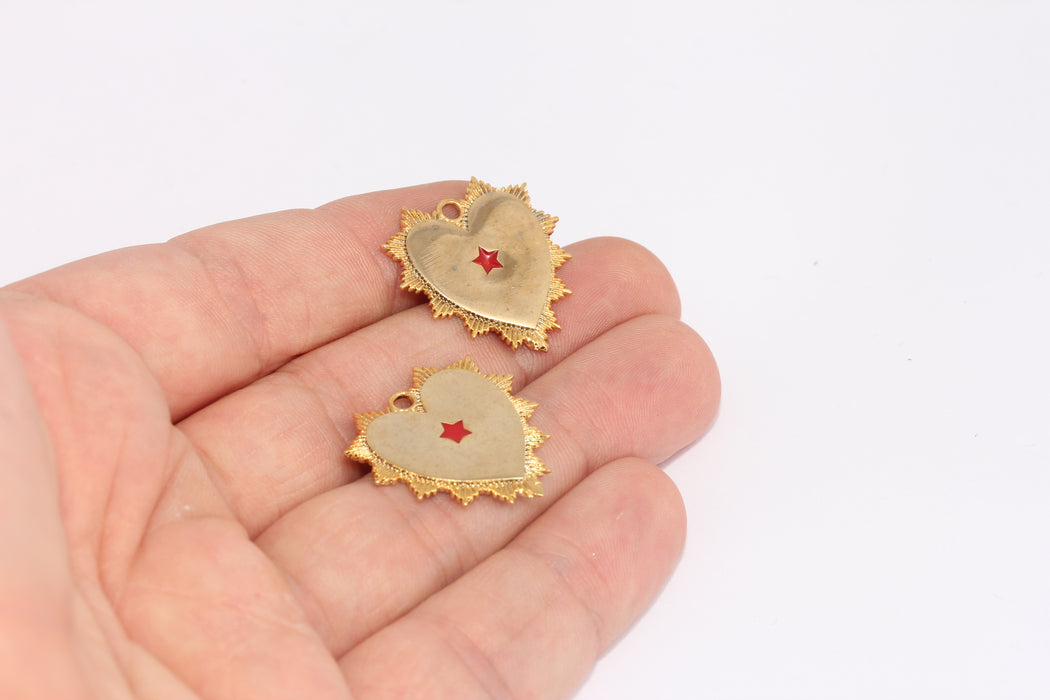 24mm 24k Shiny Gold Heart Pendant Necklace,Red Charms FRB66