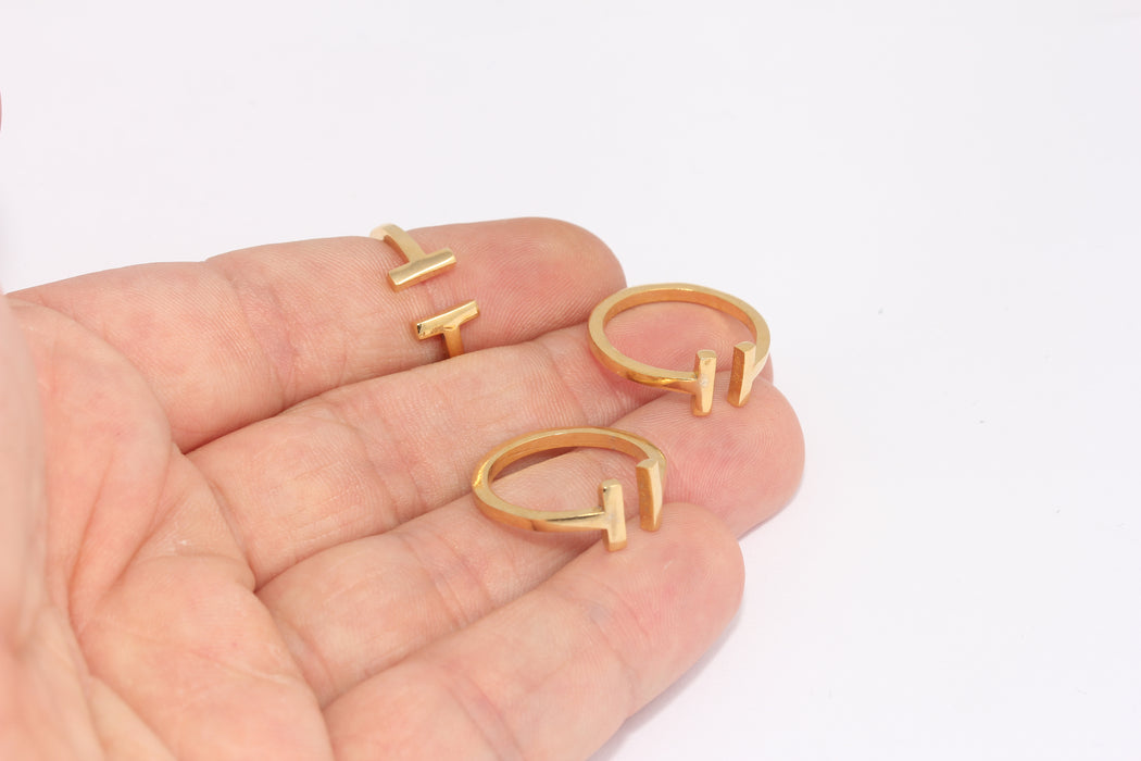 17mm 24k Shiny Gold T Ring, T Bar Open Rings, Dainty, Gold FRB24