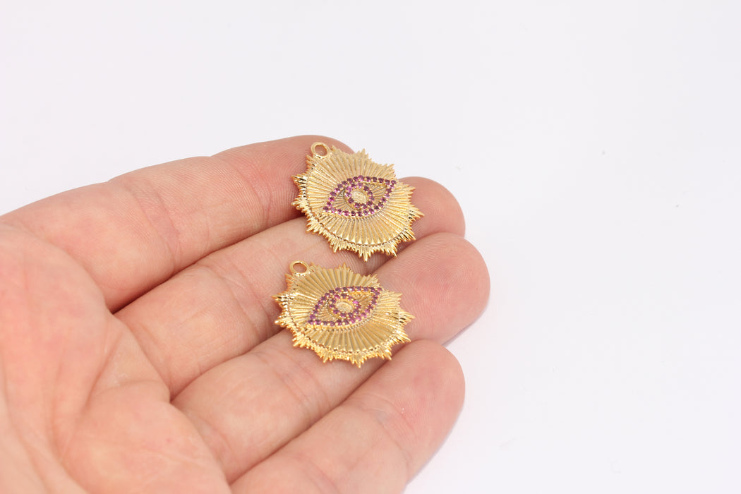 25mm 24k Shiny Gold Eye Zircon Pendant, Purple Eye FRB11