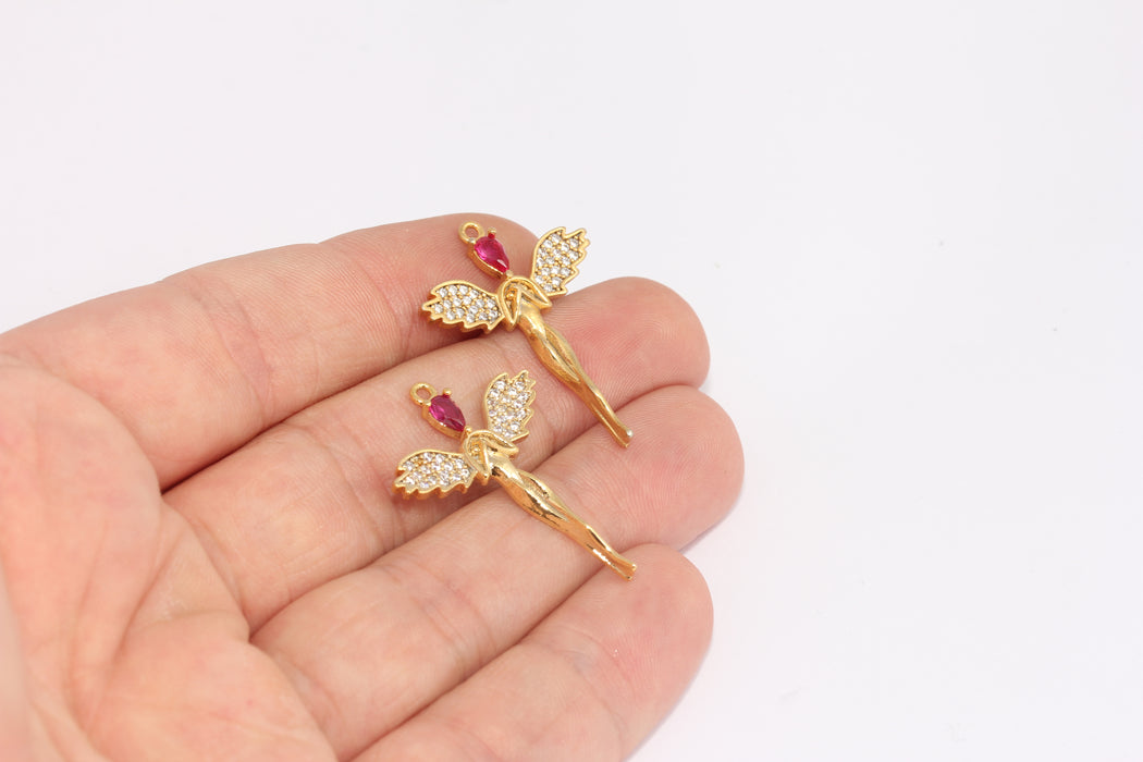 23x32mm 24 ayar parlak altın kaplamalı cz melek kolye uçları, melek figürleri, kanat figürleri FRB27