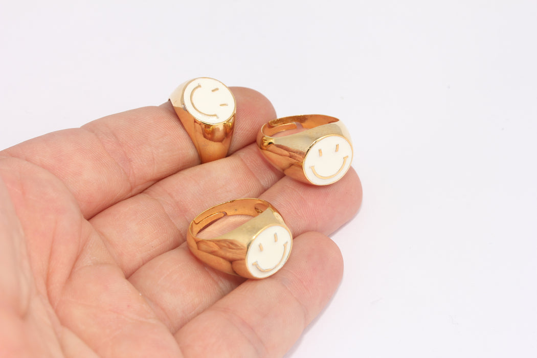 17-18mm 24k Shiny Gold Smiley Rings, Adjustable Ring, FRB125