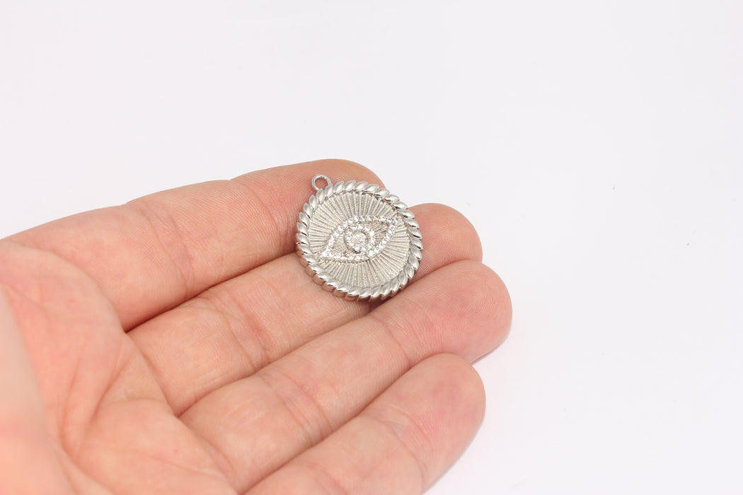 22x25 mm Rodyum Kaplama Madalyon, Mikro Döşeme Nazar Boncuğu FRB119