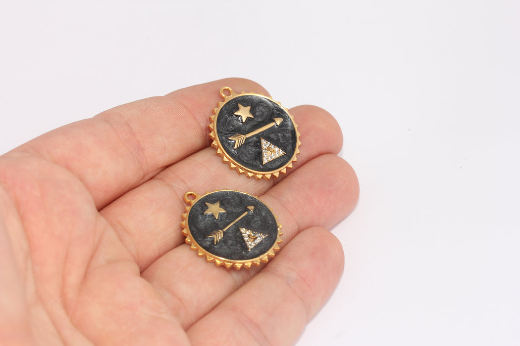 24x26mm 24k Parlak Altın Yıldız Madalyon, Siyah, Zirkonyum, Altın FRB117