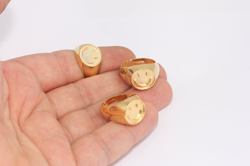 17-18mm 24k Shiny Gold Smiley Rings, Adjustable Ring, FRB113