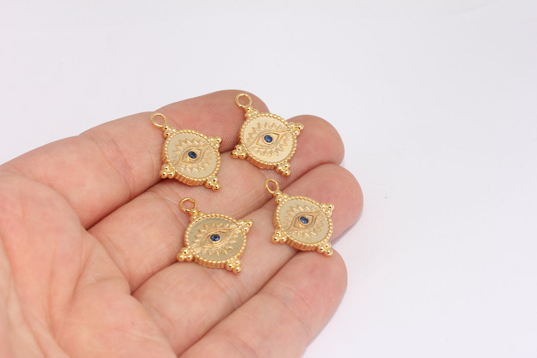 20x23mm 24 Ayar Parlak Altın Nazar Boncuğu Kolye, Mavi Taş FRB139
