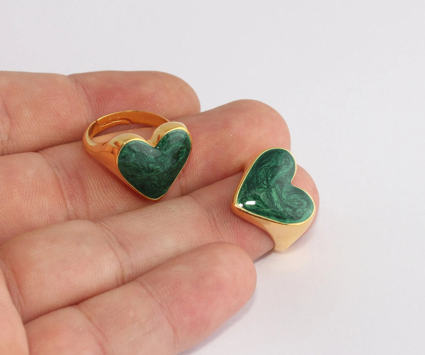 17-18mm 24k Shiny Gold Heart Rings, Green Enamel Heart XP162
