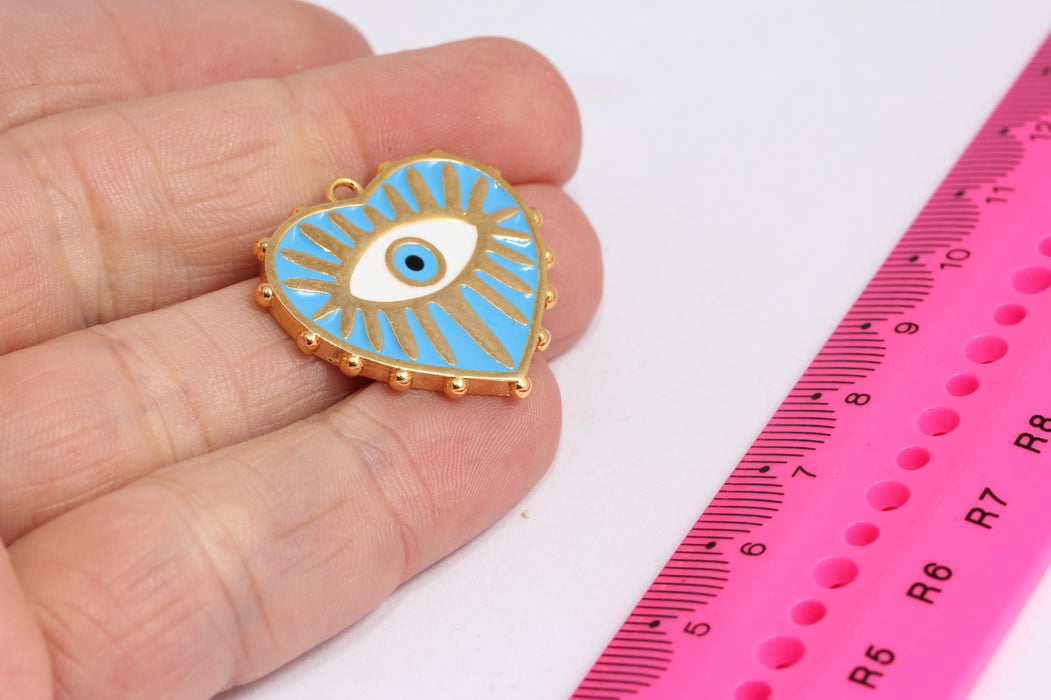 27x28mm 24k Shiny Gold Heart Medallion, Blue Enamel Evil Eye , XP490
