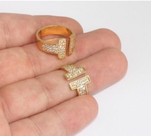 17-18mm 24k Shiny Gold T Ring, Micro Pave T Bar Open Rings, Adjustable Gold Rings, White Stone Rings, Bar Rings, Double Bar Rings, SLM138