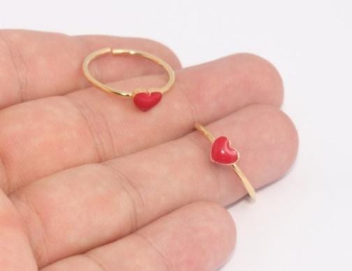 Anelli a forma di cuore in oro lucido 24k da 18-19 mm, anello a forma di cuore in smalto rosso, anello regolabile, anelli a forma di cuore impilabili, anelli da donna, anello placcato in oro, SLM287