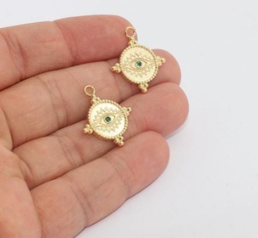 20x23mm 24k Shiny Gold Evil Eye Pendant, Evil Eye Necklace, Cz Charms, Evil Eye Charms, Evil Eye Medallion, Gold Plated Findings, EM, BRT107