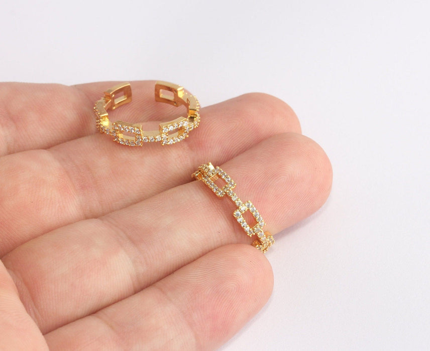 17-18mm 24k Shiny Gold Rings, Micro Pave Chain Link Ring, White Stone Rings, CZ Square Rings, Gold Plated Adjustable Rings, SRD, SLM493