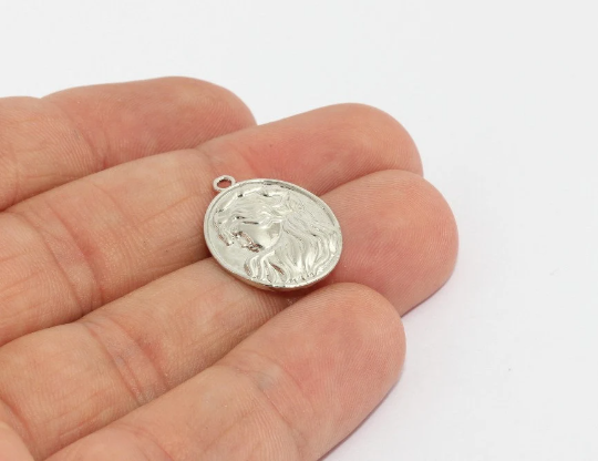 15x21mm Rhodium Plated Medallion Charm, Vintage Girl Coins, MTE879
