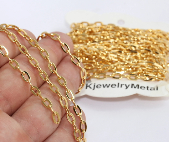 4x7mm 24k Parlak Altın Kablo Zinciri, Altın Düz Rolo, Altın BXB361