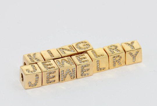 8x8mm 24k Shiny Gold Cz Letter Beads, Cube Letter, Zircon, HRF38-1