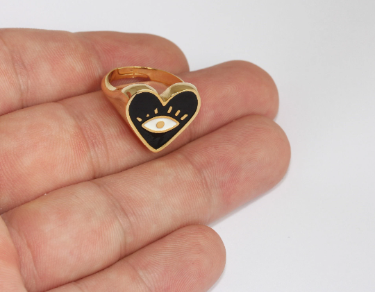 17-18mm 24k Shiny Gold Heart Rings, Black Enamel Eye Rings, MLS1034