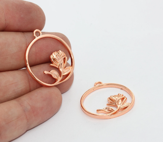Medaglione in oro rosa 26x30 mm, medaglione a forma di fiore di rosa, MTE1331