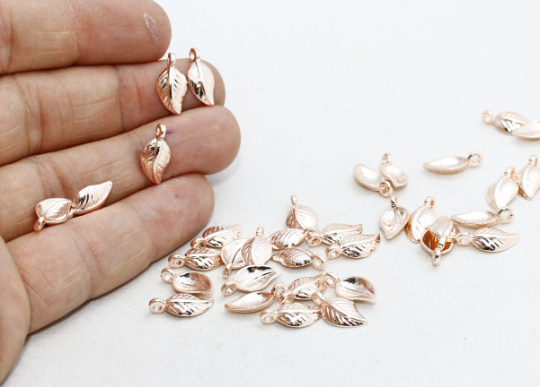 7x14 mm Gül Altın Yapraklı Tılsımlar, Yaprak Kolye, Küçük Yaprak, ROSE126
