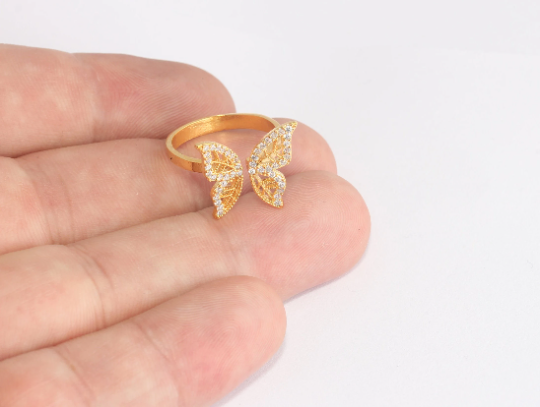 18-19mm 24k Shiny Gold Ring, Micro Pave Butterfly Rings, XP295