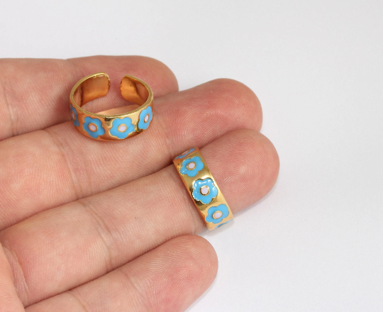 17-18mm 24k Shiny Gold Flower Rings, Blue Enamel, SLM97