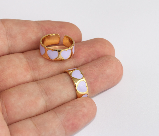 17-18mm 24k Shiny Gold Heart Rings, Lilac Enamel Heart SLM83