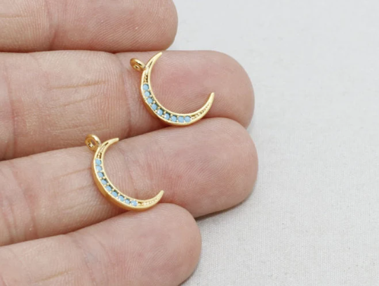 10x16mm 22k Shiny Gold Moon, Micro Pave Moon Charms, ZRCN175