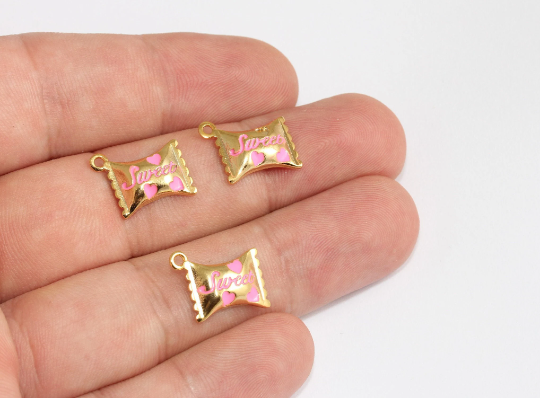 13x15mm 24 Ayar Parlak Altın Şekerleme Takıları, Pembe Emaye, SLM19