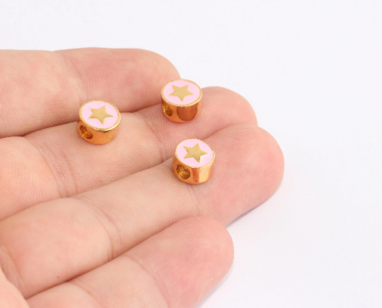 8mm 24k Shiny Gold Star Charms, Pink Enamel Star , SLM1054