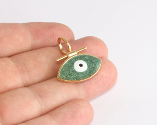 27x28mm 24k Shiny Gold Medallion, Green Enamel Evil Eye XP352
