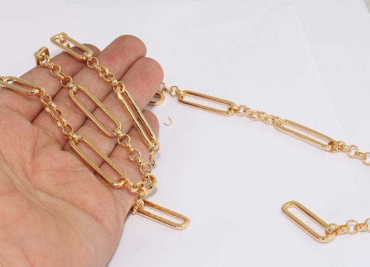 9x32mm 24 Ayar Parlak Altın Bağlantı Zinciri, El Yapımı Zincir, BXB342